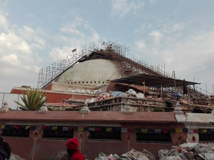 Repair work underway at the Bauddhanath Stupa, which was damaged by the earthquake.                  Photo: Sujit Mainali